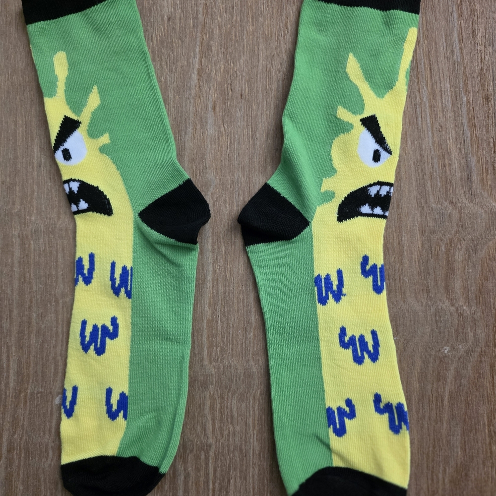 Men's Green & Yellow Novelty Crew Socks - Angry Character Design